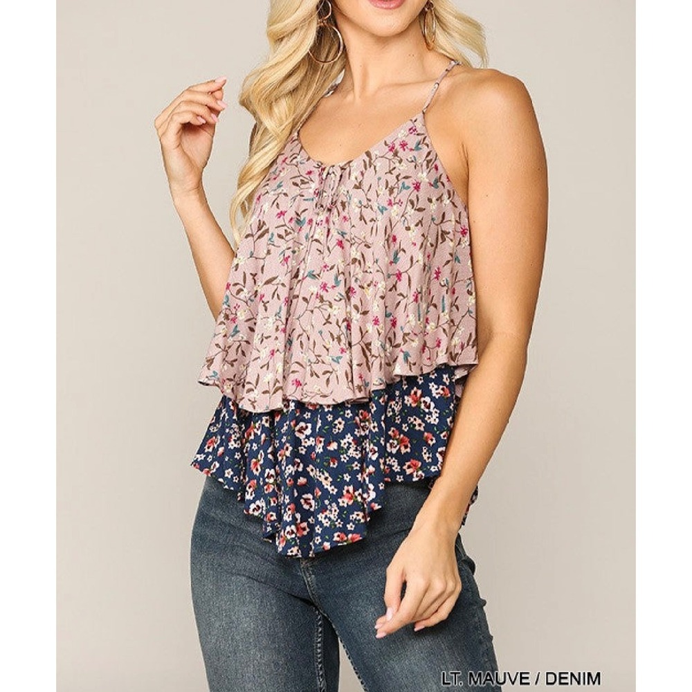 GIGIO Floral Tiered Camisole Women S Mauve Navy Blue Layered Ruffle Tank Top New